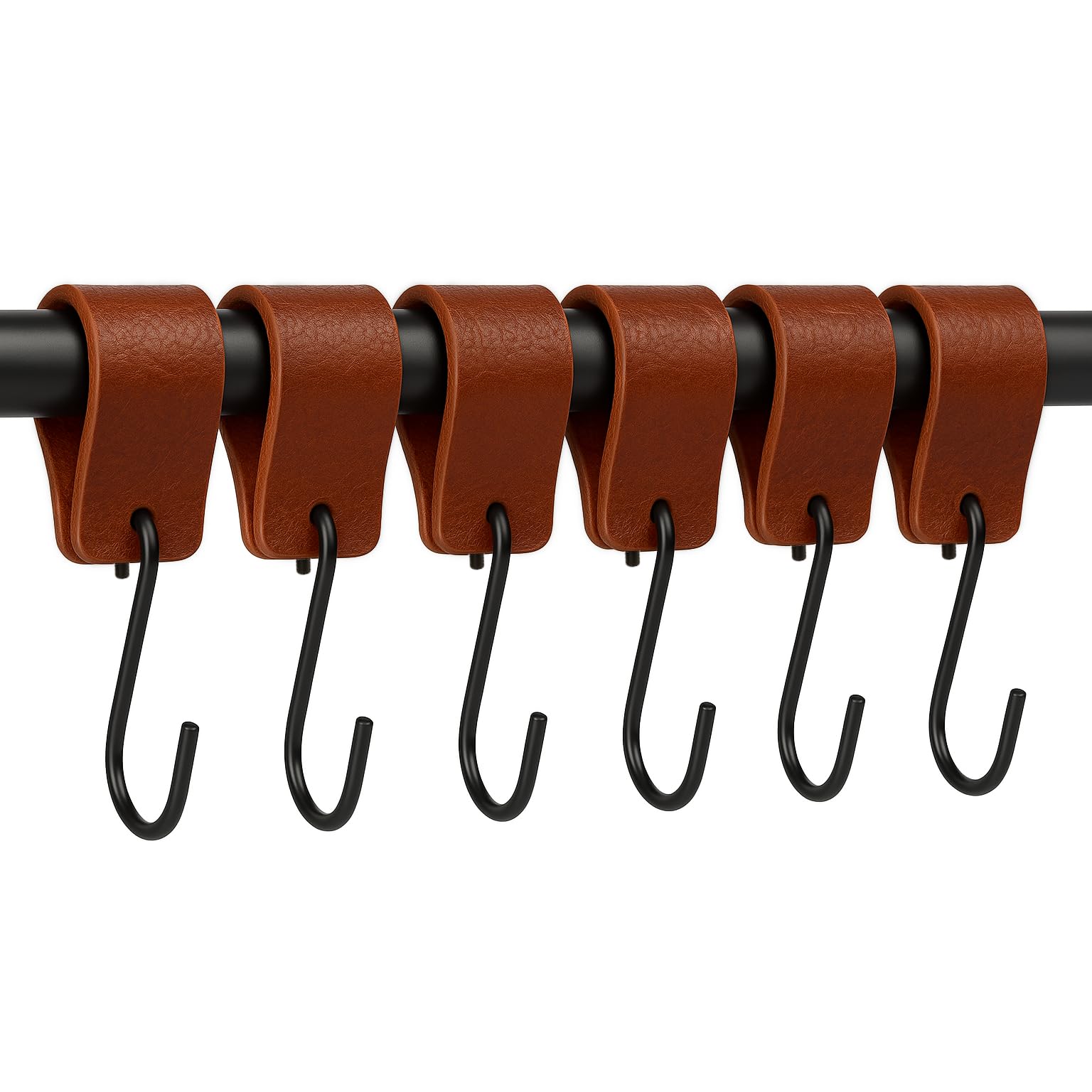 Brute Strength - Multifunctional Leather S-Hooks - Cognac - 6 Pieces - Coat Hook - for Kitchen, Bathroom, Bedroom and Office