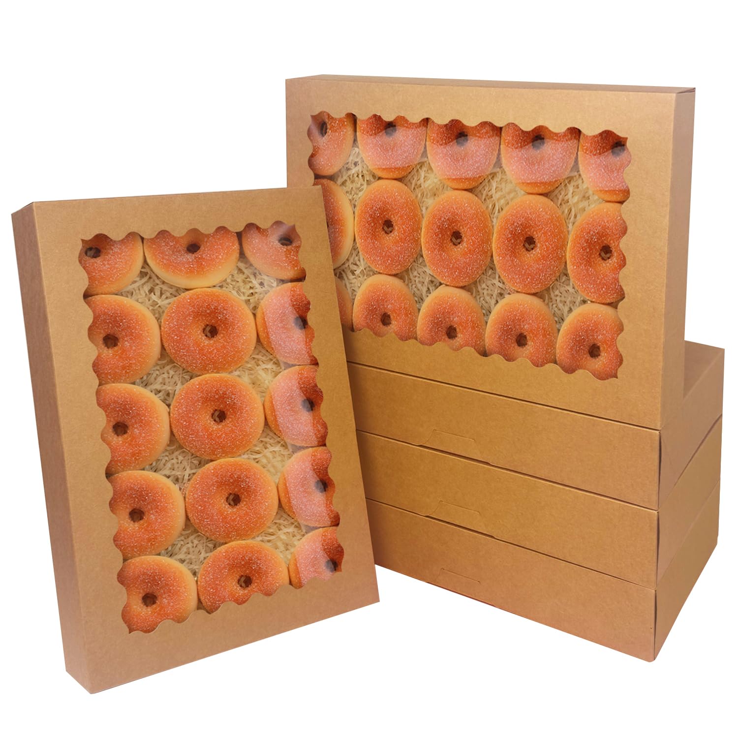 Photo 1 of qiqee Auto-pop Up 14x10x2.5 Inch Brown Cookie Box with Window 15Pcs Pastry Macaron Bakery Box for Packaging
