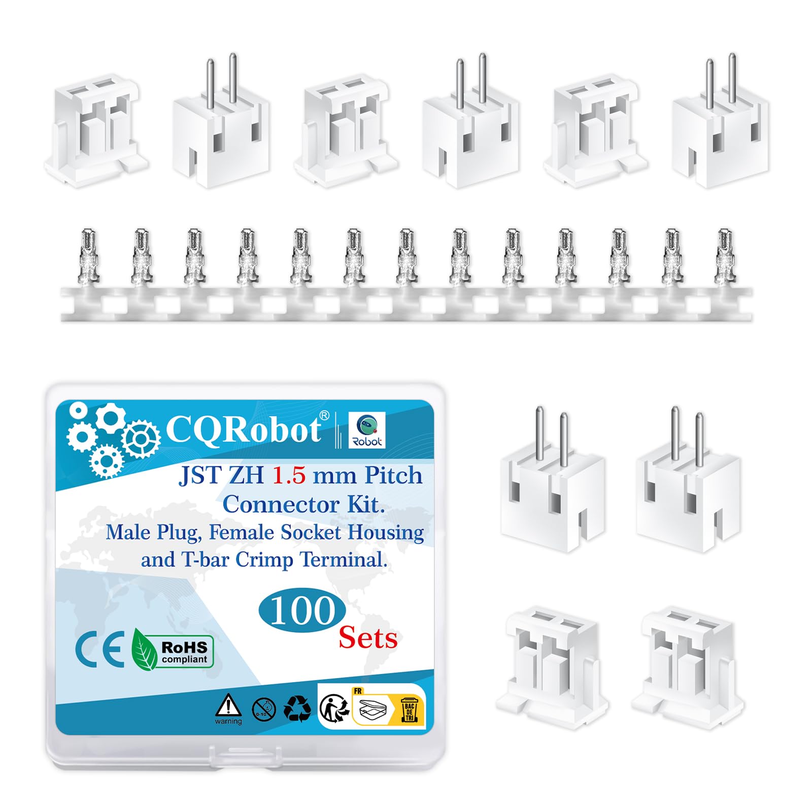 CQRobot JST ZH 1.5 mm Pitch 2-Pin Electronic Computer Connector IC Male Plugs, Female Sockets Housing and T-Shaped Crimp Terminal Kit. 100 Sets/400 Pieces Wire-to-Board Adapter Cable Assembly.