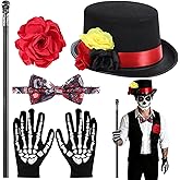 6 Pcs Halloween Day of the Dead Costume Accessories Set for Men Including Skeleton Gloves Men’s Top Hat Bow Tie Skeleton Crutch and Brooch for Dia De Los Muertos Costume Halloween Cosplay Party