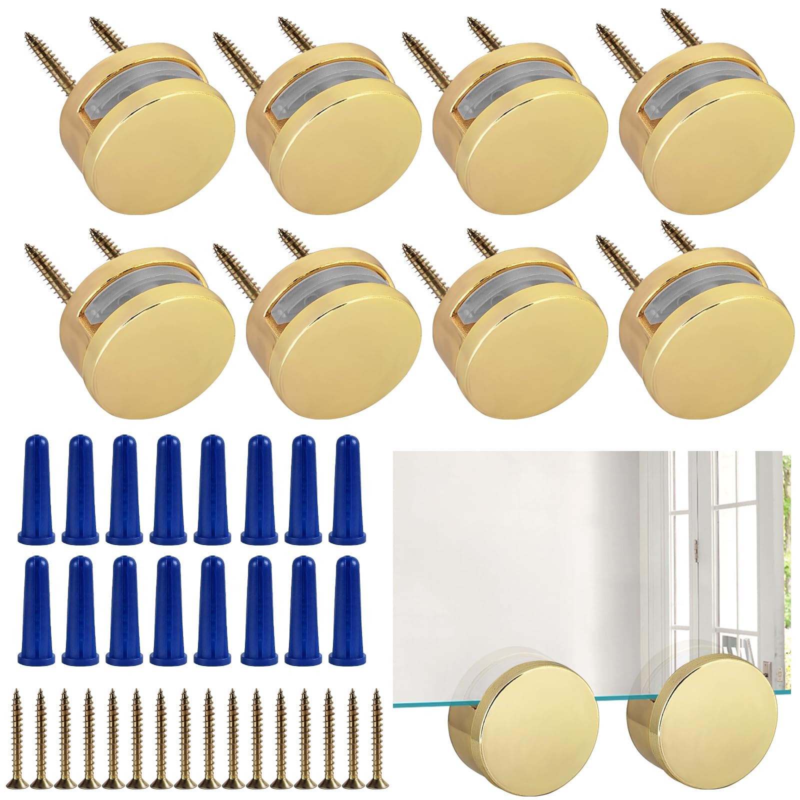 Photo 1 of Frameless Mirror Mounting Hardware Kit Zinc Alloy Mirror Holder Clips Round Shape Dual-Screw Fixing Mirror Glass Hanging Bracket with Screws and Anchors Fit for 3-5mm Thickness (Golden, Set of 8 )