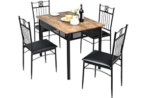 Tangkula Dining Table Set for 4, Vintage Dining Table and Chairs Set with Retro Wood Top and Padded Seat, Space Saving Kitche