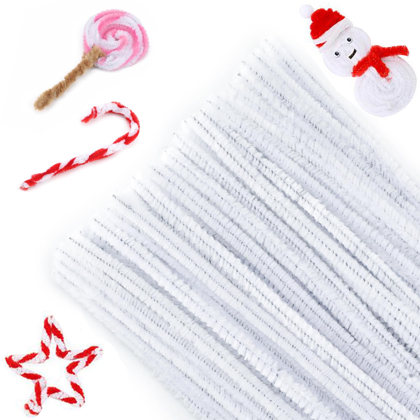 G2PLUS White Craft Pipe Cleaners, 30cm Long, 6mm Chenille Stem, 100PCS for Christmas Craft & Decoration