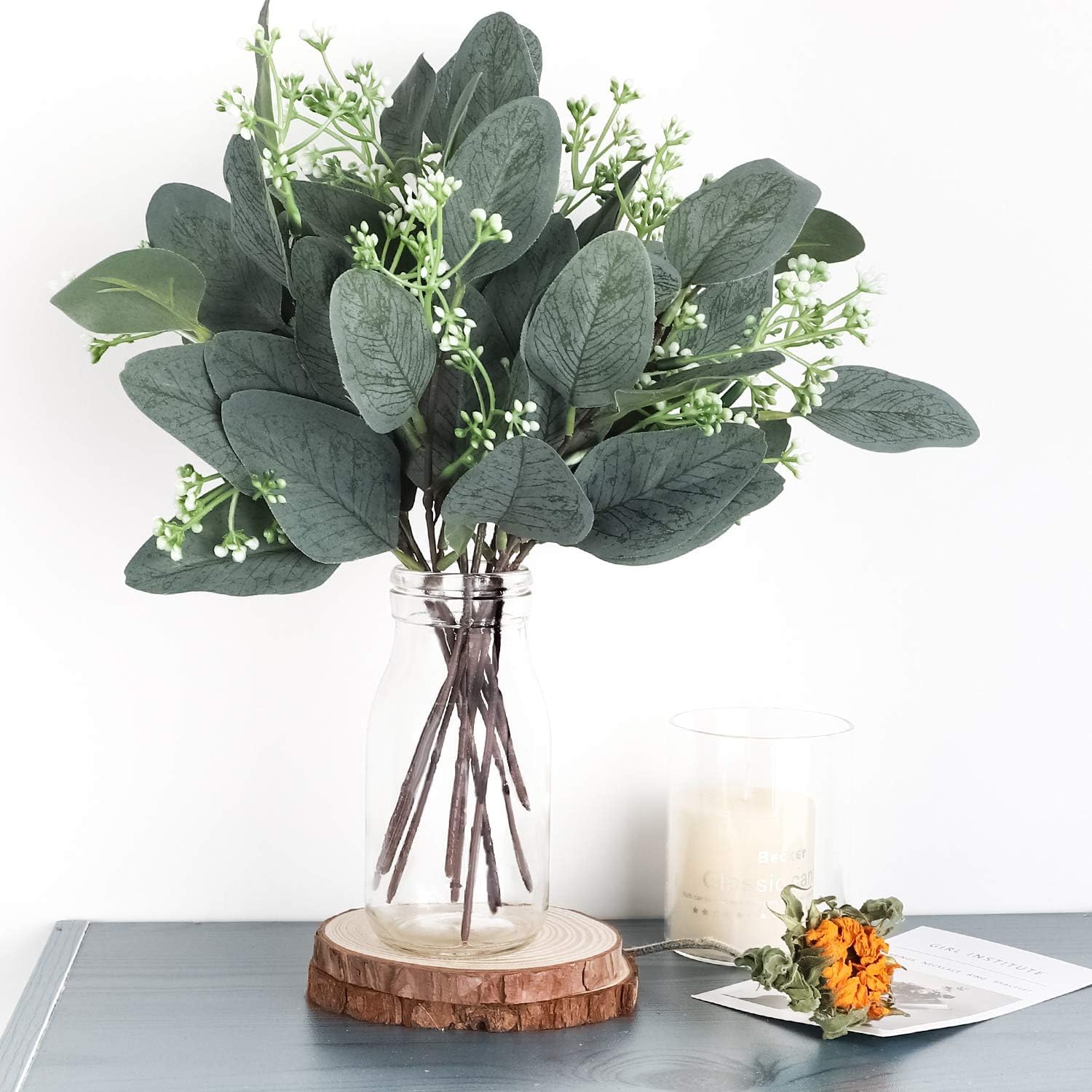 Buer Homie artificial eucalyptus stems leaves for decoration, faux green foliage stems for vase that look real (1, slender)
