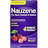 Nauzene Wild Cherry Upset Stomach &amp; Nausea Relief Chewable, 56 Count | 4-minute formula* works fast to provide effective, non-drowsy relief for upset stomach &amp; nausea.