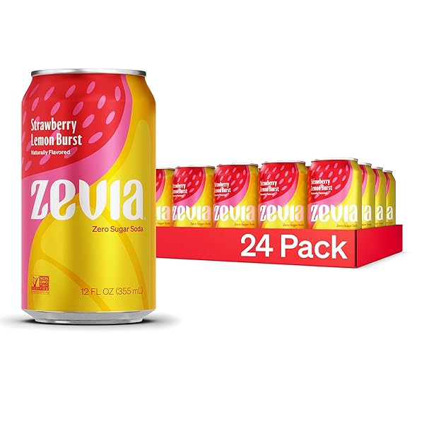 ZEVIA ZERO SUGAR SODA, STRAWBERRY LEMON BURST, 12 OZ CANS (24-PACK) – NATURALLY SWEETENED, ZERO CALORIE SUGAR FREE SODA – NON-GMO PROJECT VERIFIED, GLUTEN-FREE, VEGAN