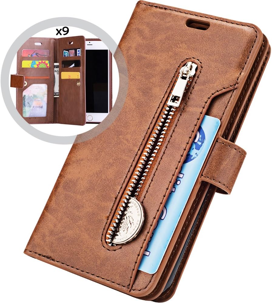 Wallet Case for iPhone SE 2020,iPhone 8/7 Case Wallet for Women/Men,Auker Trifold 9 Card Holder Leather Folio Flip Wallet Case with Strap,Stand&Money Pocket Shockproof Magnetic Zipper Purse Brown