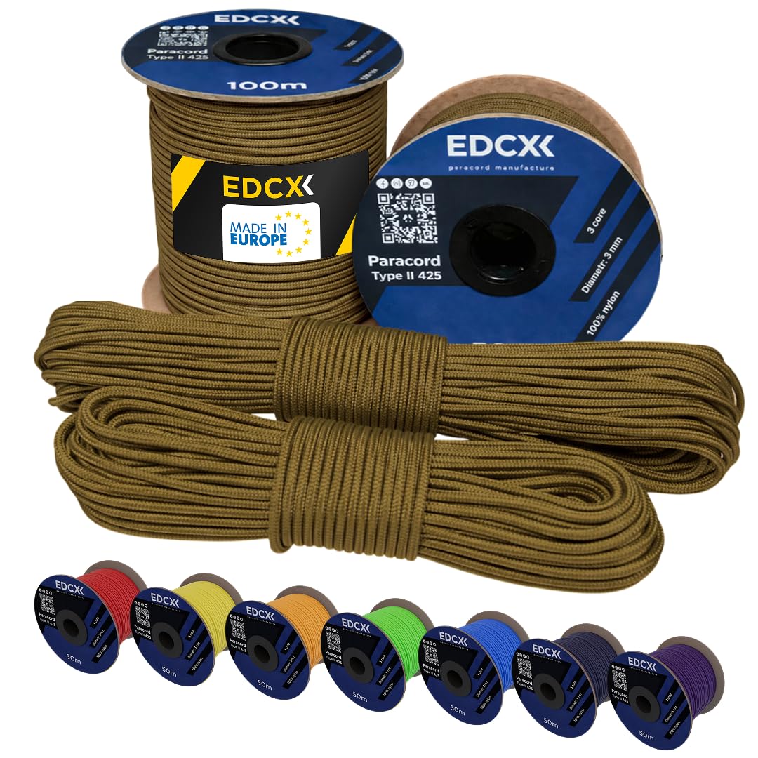 EdcX 3 mm Nylon Paracord 425 (15, 30, 50 and 100m) – 3 mm Type II, 100% Nylon Rope, 3 Strand Rope, 3 mm Nylon Rope in Many Colors (Coyote Brown, 15 m)