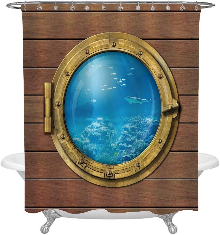 Ylljy00 Shark Shower Curtain for Modern Home Decor,Submarine Chamber Window with A View of Coral Reef Swimming Fishes Print Washable Cloth Bathroom Accessories,60x72in,Light Caramel Blue Gold