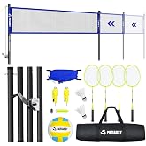 A11N Outdoor Volleyball & Badminton Combo Set – Adjustable Anti-Sag Net, 4 Rackets, Ball, Pump, Shuttlecocks, Boundary Line & Carry Bag