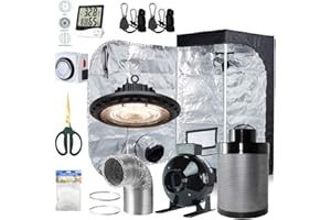 BloomGrow 300W Full Spectrum UFO LED Light + 24''x24''x48'' Grow Tent + 4'' Inline Fan Filter Duct Combo + Hangers + Hygrometer + Shears + 24-hour Timer + Trellis Netting Indoor Grow Tent Complete Kit