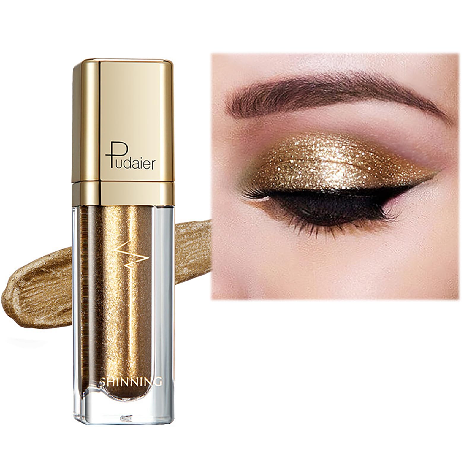 Metallic Liquid Glitter Eyeshadow - Long Lasting Waterproof Matte Shimmer - Highly Pigmented Sparkly Eye Shadow - Easy to Blend - with Eyeliner Pen - Gold