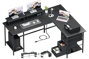 Korfile 59 inch L Shaped Computer Desk with Power Outlets, Home Office Desk with 4 Adjustable Storage Drawers & 2 Monitor Stands, Two Person Gaming Table for Bedroom, Black