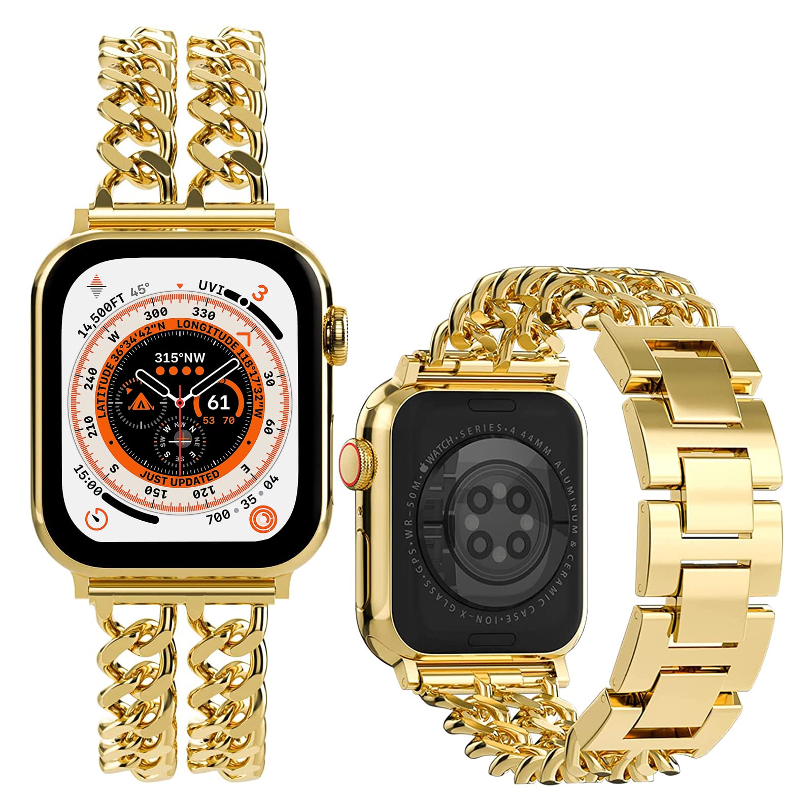 Miimall for Apple Watch Ultra 2/Series 9 Strap, Metal Strap for iWatch 38/40/41/mm 42/44/45/49mm, Adjustable Metal Chain Bracelet, Alloy Band for iWatch Ultra SE Series 9 8 7 6 5 4 3 2 1-Gold