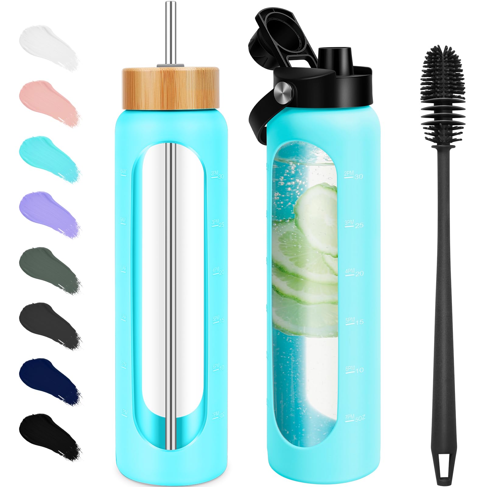 Photo 1 of FULBEVY 32 oz Glass Water Bottles - 1 Liter Motivational Tumbler Water Bottle Time Marker - Borosilicate Glass Water Bottle With Silicone Sleeve and 2 Lids, Handle Spout & Bamboo Straw Lid