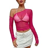 Falainetee Women's Sexy Long Sleeve Asymmetrical Neck Sheer Mesh Cut Out Y2K Crop Blouse Tops