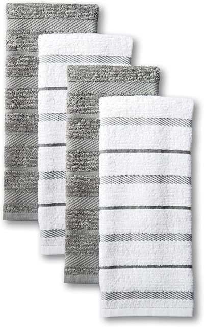 KitchenAid Albany Kitchen Towel Set 4 Pack Grey White 16x26 Absorbent Cotton