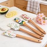 Silicone Cooking Spatula Set with Wooden Handles: Ideal for daily cake &amp; dessert baking, perfect as holiday gifts or surprise favors for kitchen gatherings. (4 pcs Floral Pattern, 8.3 IN)