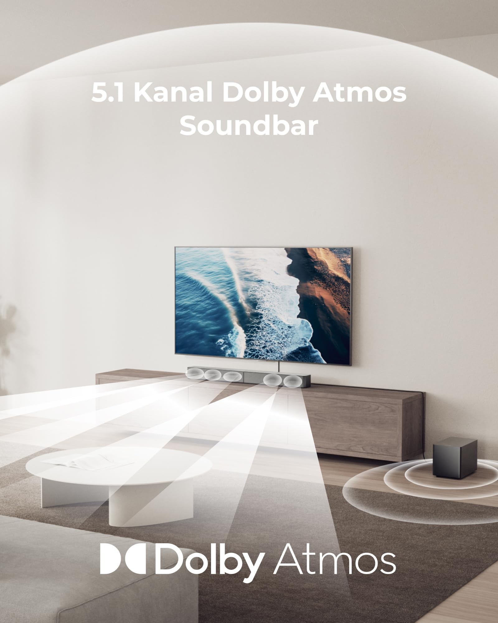 ULTIMEA 5.1ch Soundbar mit Dolby Atmos, VoiceMX, BassMX, APP, Heimkino 4D Surround Sound System, 340W Soundbar für TV Geräte mit Subwoofer, Bluetooth 5.4, Poseidon M60 Boom, Modell 2025