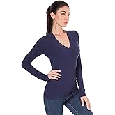 AmélieBoutik Women V Neck Faux Wrap Lightweight Long Sleeve Tunic Sweater Blouse Tops