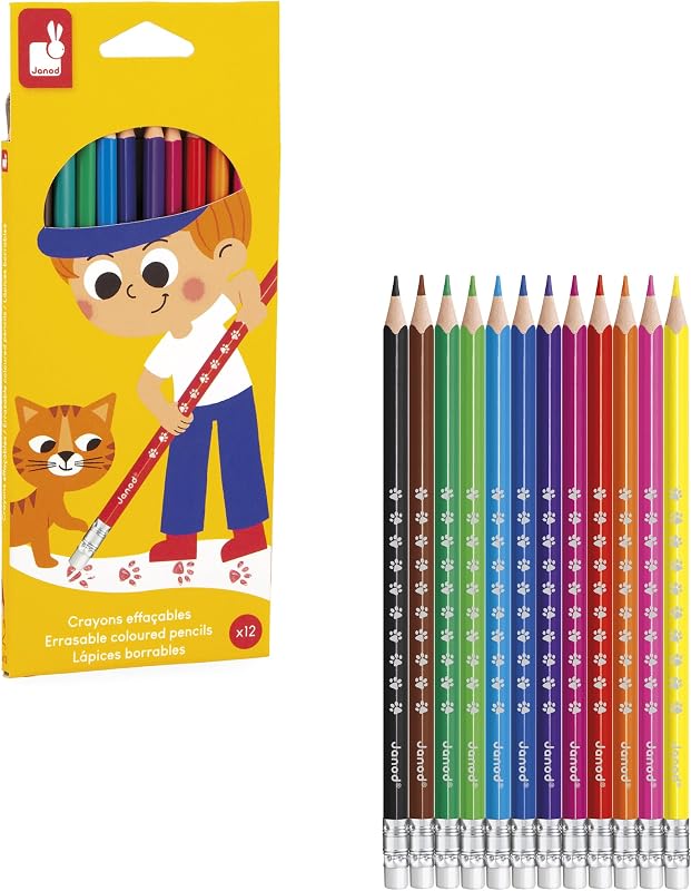- 12 lápis de cor apagáveis - Lápis de cor de resina com ponta de borracha - Forma ergonómica - Mina fina e resistente - Desenhos e coloração - Desde os 3 anos - J07414