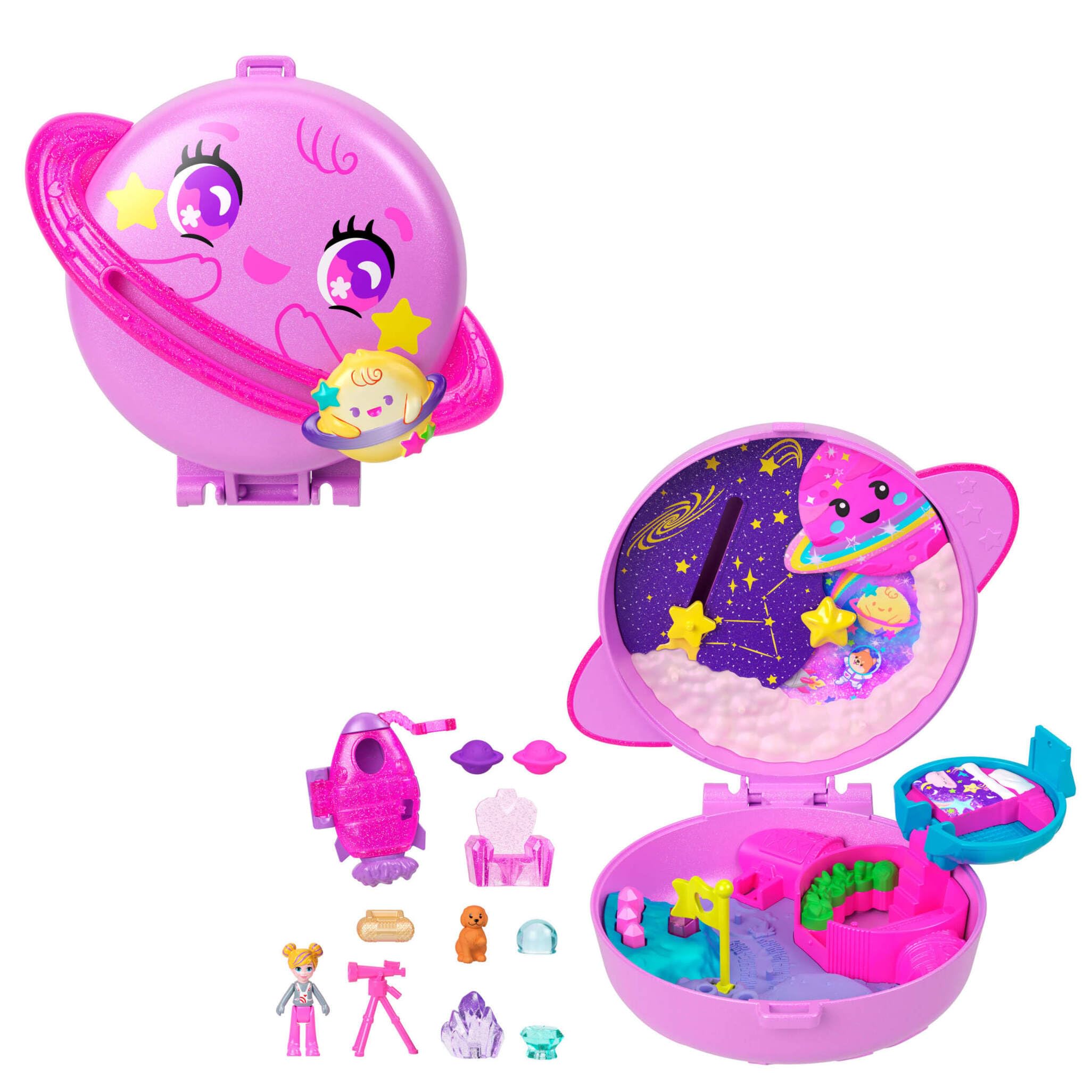 Polly Pocket Dolls and Playset, Planet Polly Outer Space Compact, Travel Toy with 1 Micro Doll, Pet Puppy & Themed Accessories, JCB18
