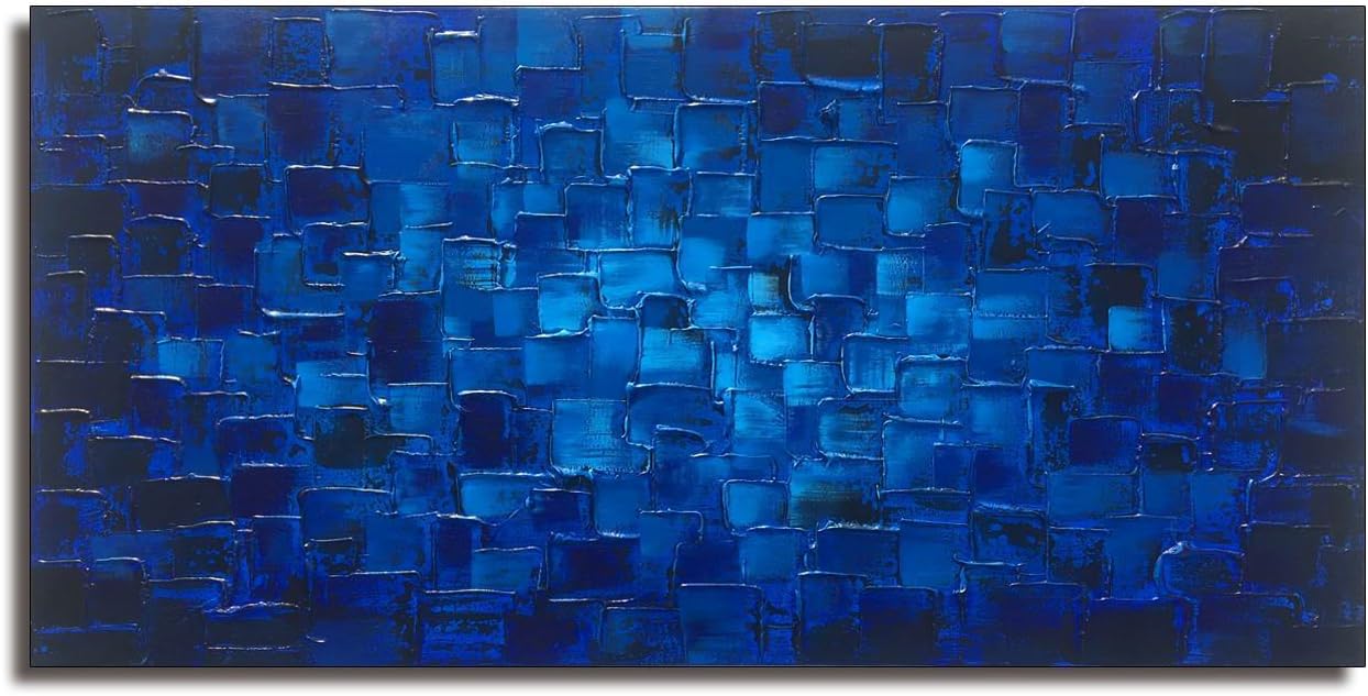 Paintings - MyArton Textured Abstract Squares Canvas Wall Art Hand Painted Modern Dark Blue Oil Painting for Decoration Ready to Hang 48x24inch