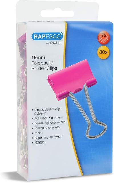 Rapesco 1491 19 mm Foldback Clips Hot Pink Pack of 80