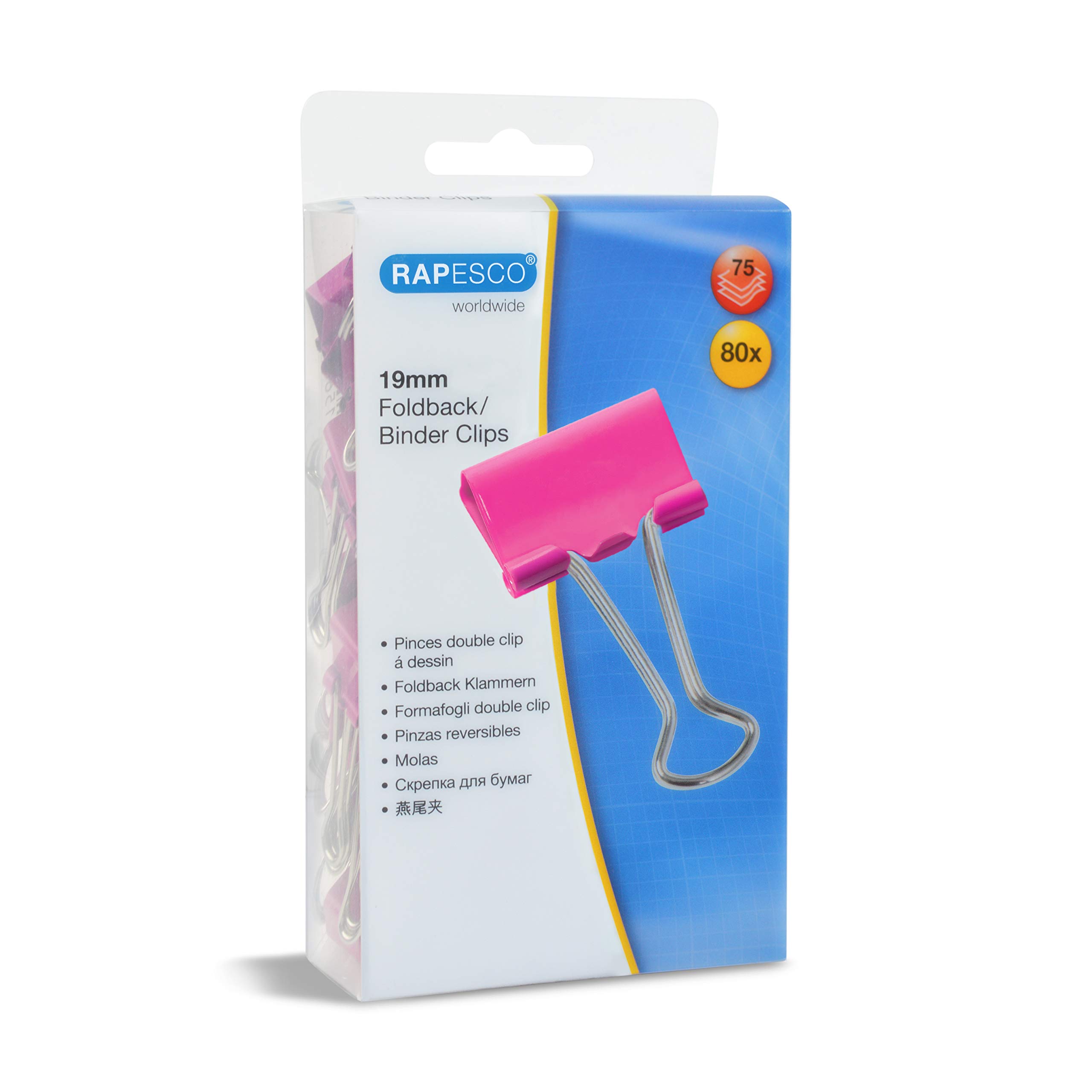 Rapesco 1491 19 mm Foldback Clips, Hot Pink, Pack of 80