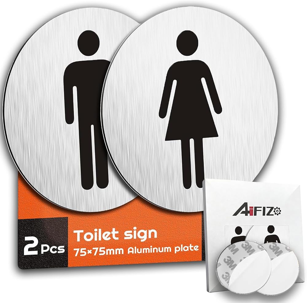 AIFIZO Brushed Aluminium Toilet Sign Set of 2 Self Adhesive 75mm Men Women