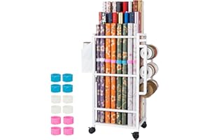 Aquzee Gift Wrapping Organizer Storage, Rolling Gift Wrap Storage Stand, Vertical Christmas Wrapping Paper Holder Organizer Cart, Ribbon Organizers, 12 PCS Slap Bracelets, Adjustable Rod Design, White