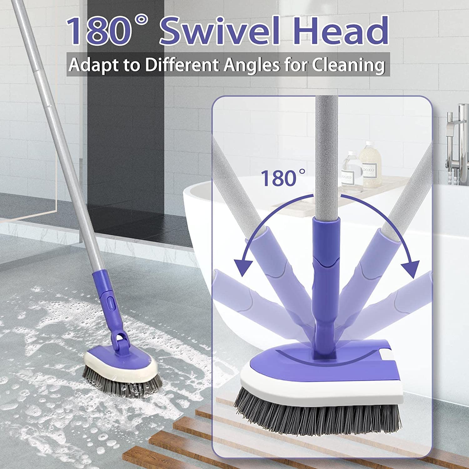 ZUBULUN Cleaning Brush with 118 cm Long Handle, 2-in-1 Scrubber with Handle, Hard Bristles with 2 Floor Scrubbers, Cleaning Brush, Wall, Kitchen, Shower Bath, Floor