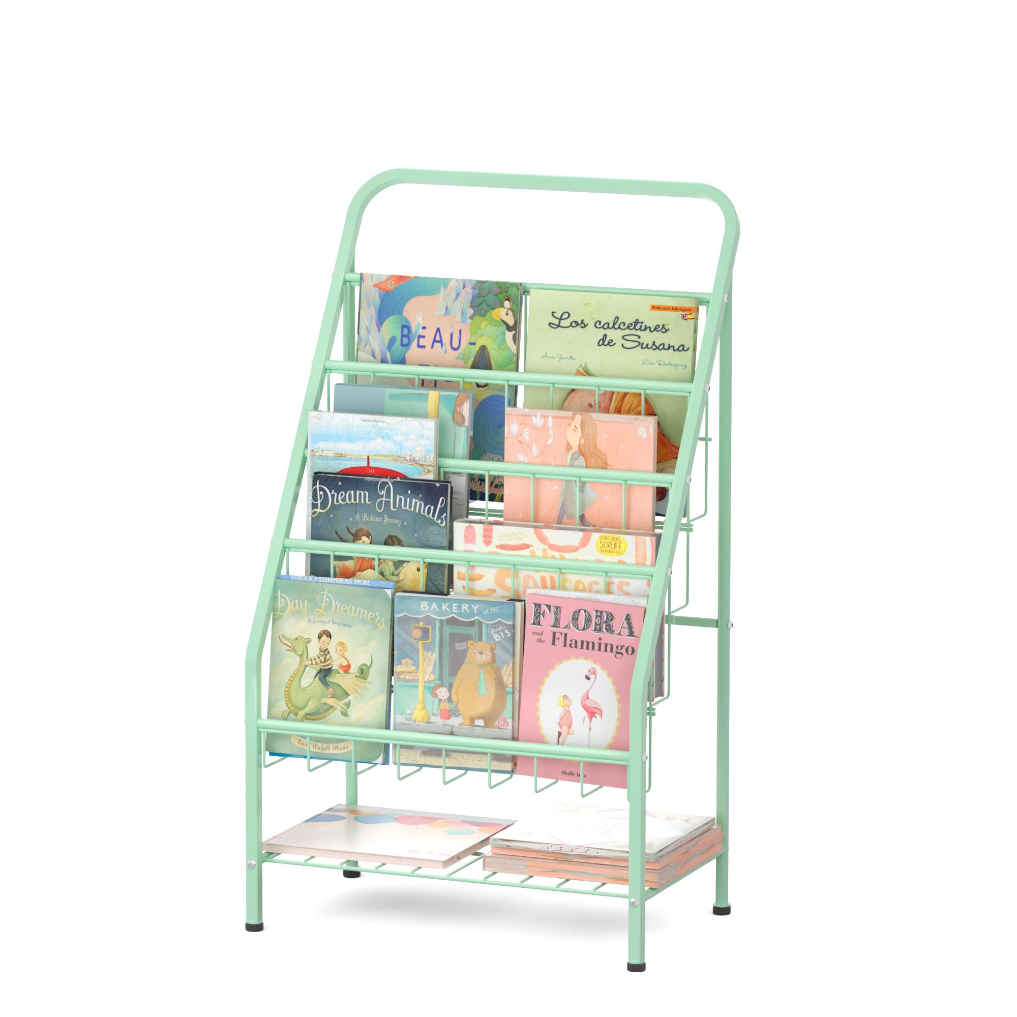 Photo 1 of JAQ Bookshelf for Toddlers, 4-Tier Metal Kids Bookshelves Rack with Toy Storage Organizer in Bedroom Study Room Playrooms Nursery for Infants Baby Young Children (4-Tier/ 28.3 inch, Green)