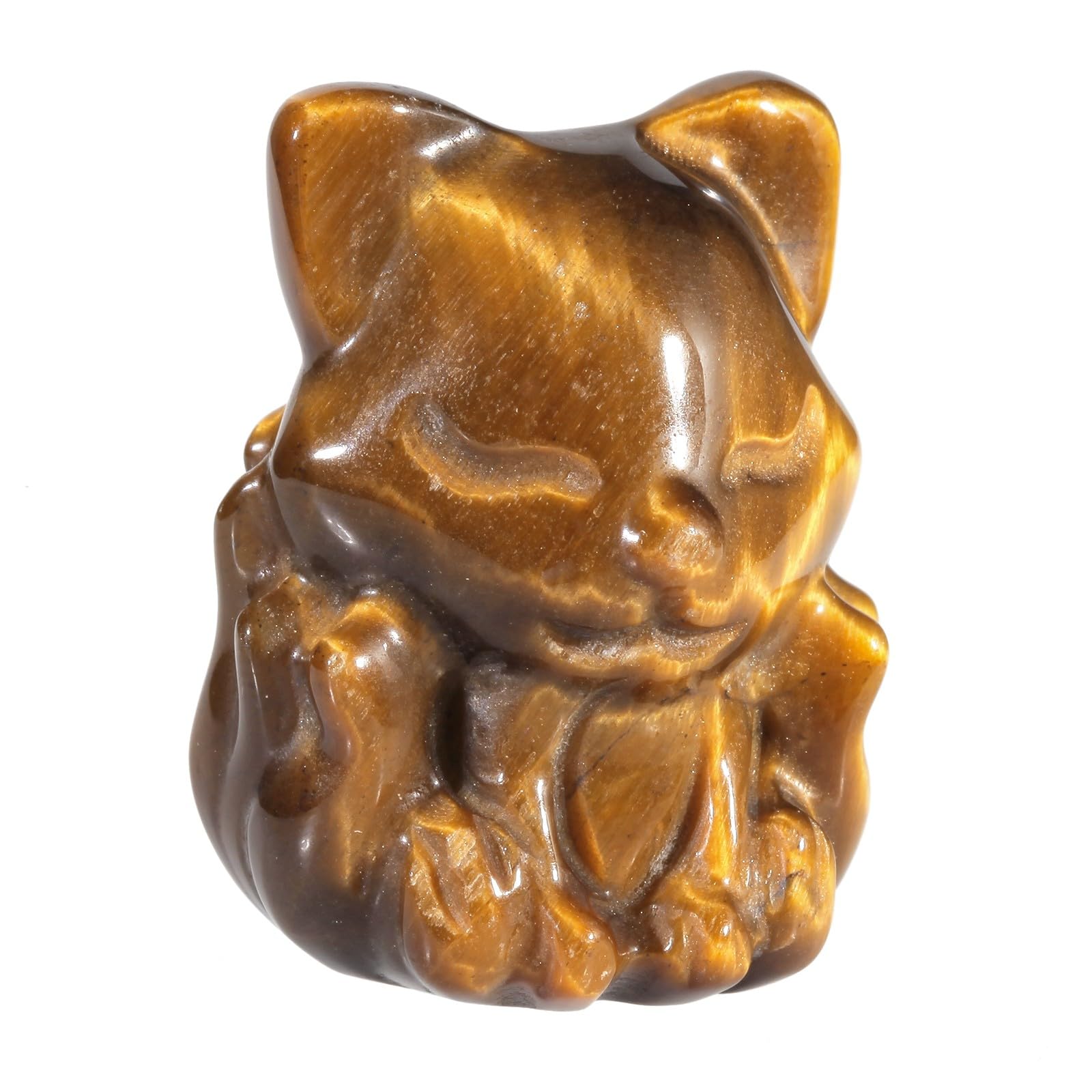 mookaitedecor Tiger's Eye Mini Good Luck Pocket Crystal Fox Figurine Statue, Hand Carved Semi Precious Gemstone Animal Micro Landscape Decoration Small Healing Crystal Fox Ornament Gift for Women