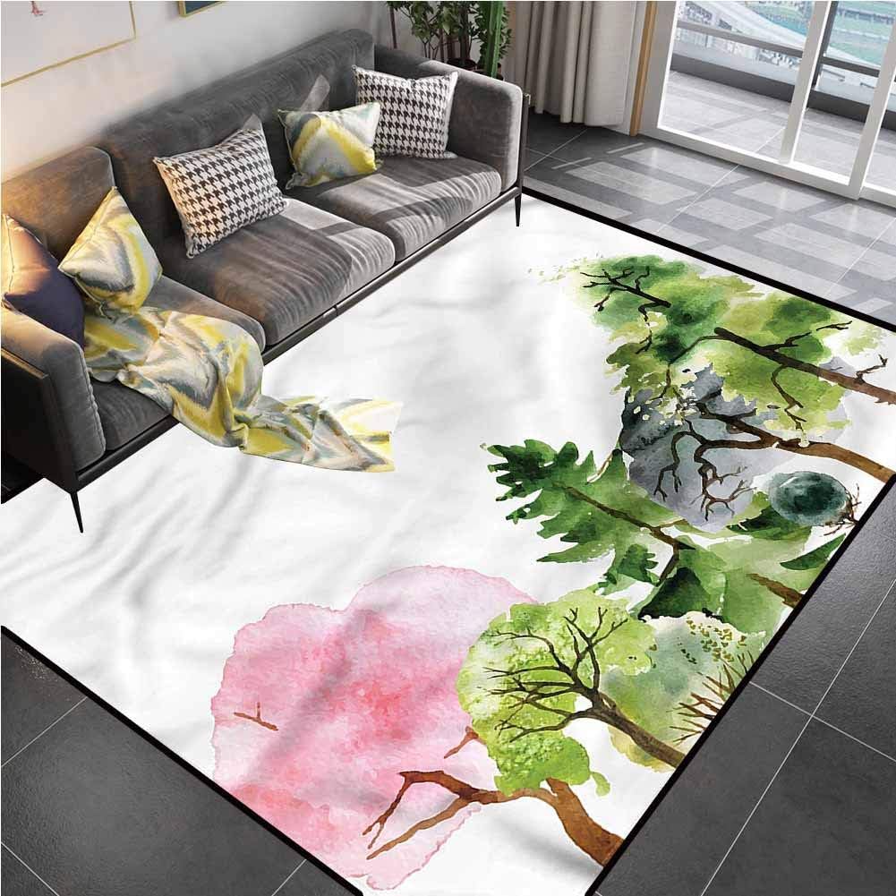 Area Rug Print Large Rug Mat Forest, Colorful Woodland Oak