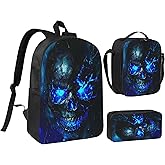 thmnj Skull Kid Backpack Set with Lunch Bag & Pencil Case Large Capacity School Bag 17 Inch Bookbag for Boy Girl