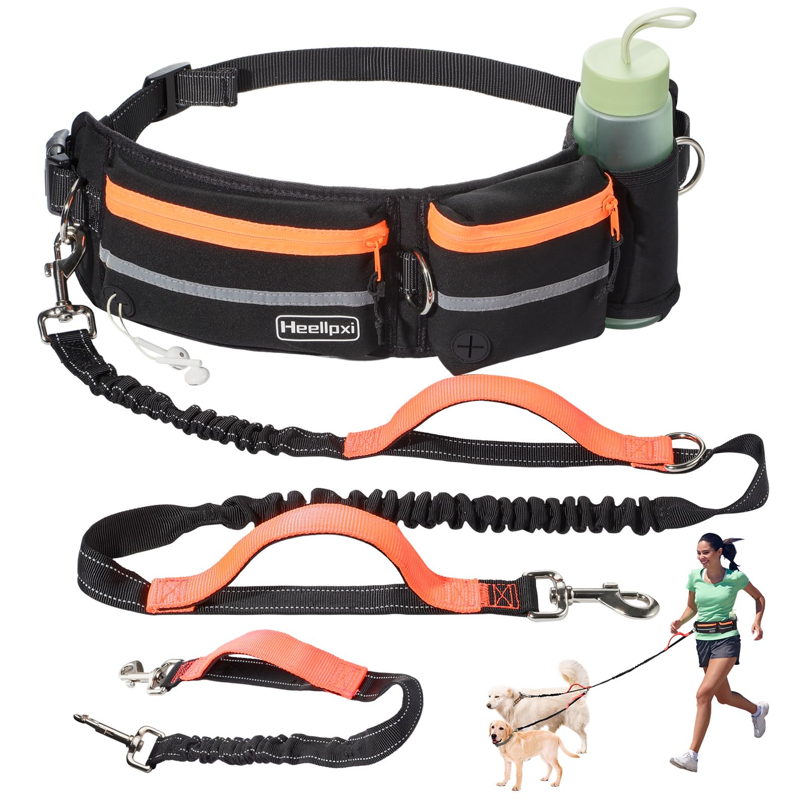 Photo 1 of Heellpxi Hands-Free Waist Leash with Pouch for Two Dogs: Reflective Stitching, Dual Handle & Bungee Retractable Design – Ideal for Medium to Large Dogs (Orange) – Dog Walking Accessories