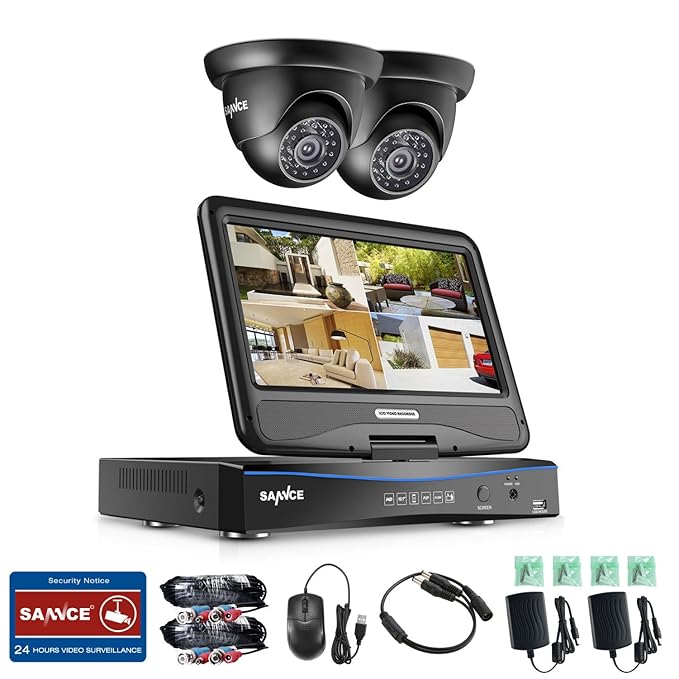 SANNCE Videoüberwachung Überwachungskamera Set mit 10,1 Zoll Display 4CH 720P all in one DVR Recorder Überwachungssystem mit 