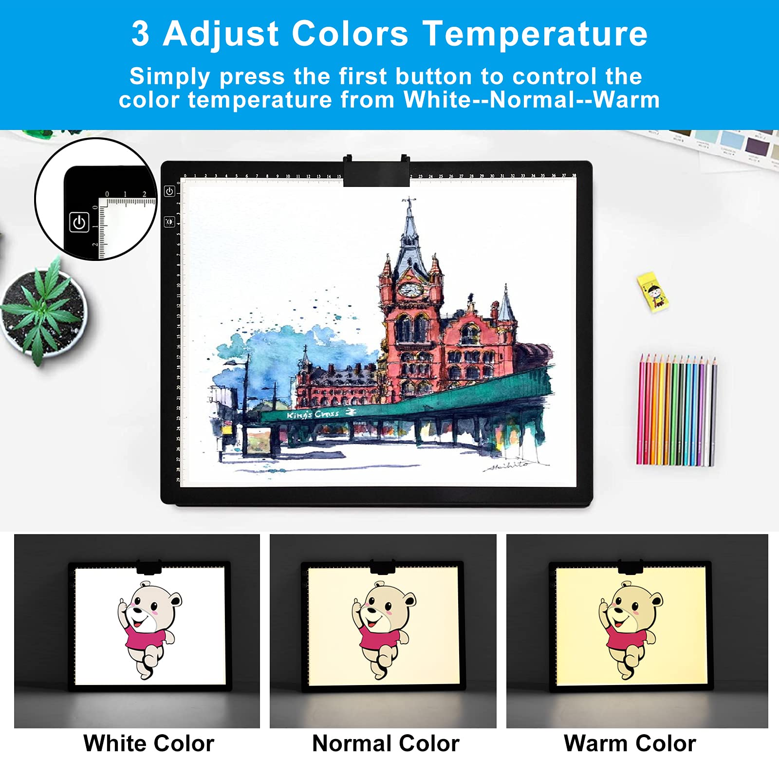 A3 LED Light Pad with Carry Bag, TOHETO Wireless Rechargeable Light Board with Stand and Top Magnetic Clip 3 Colors Stepless Dimmable 6 Levels Brightness Light Box for Diamond Painting Weeding Vinyl