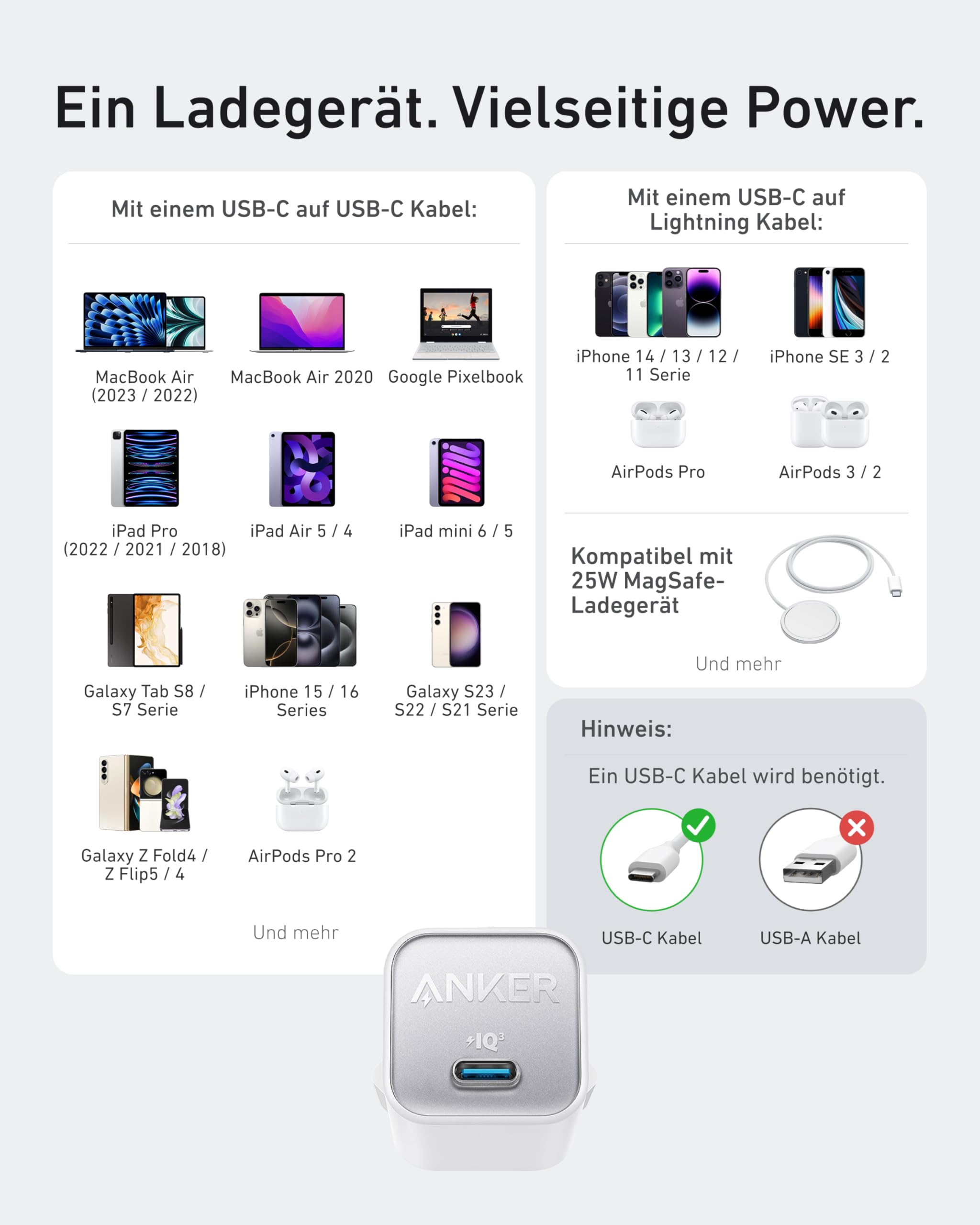 Anker 30W USB C Ladegerät, GaN 511 Nano 3, PIQ 3.0 PPS Schnellladegerät für iPhone 17/Pro/Pro Max/iPhone Air/16/15, Galaxy, Pixel 4/3, iPad (Ohne Ladekabel) 6