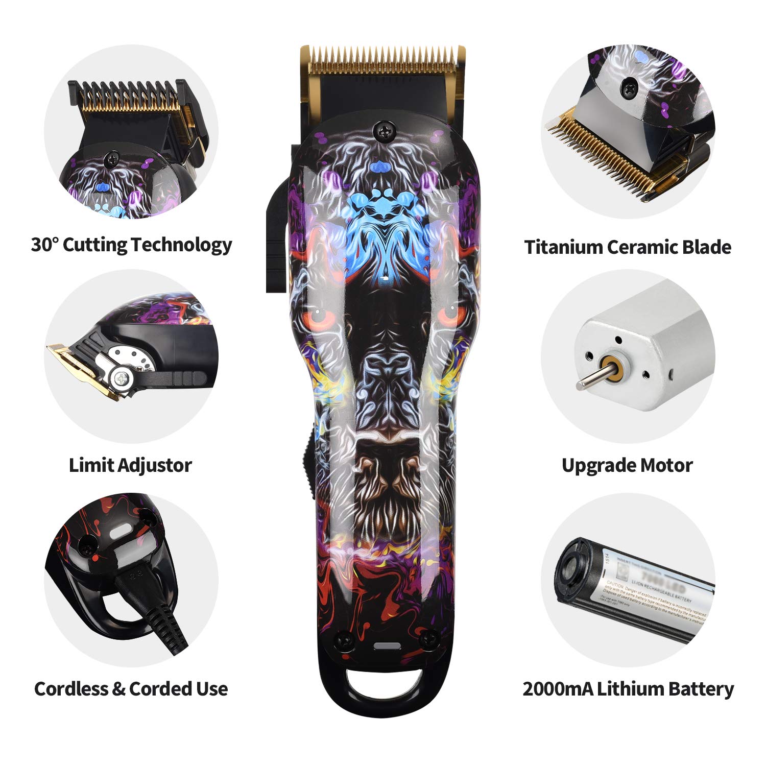 Cordless Hair Trimmer Pro Hair Clippers Beard Trimmer for Men Haircut Kit Cordless USB Rechargeable Barber Electric Shavers Hair Removal with 2000mAh Lithium Ion,Guide Combs (Clipper)