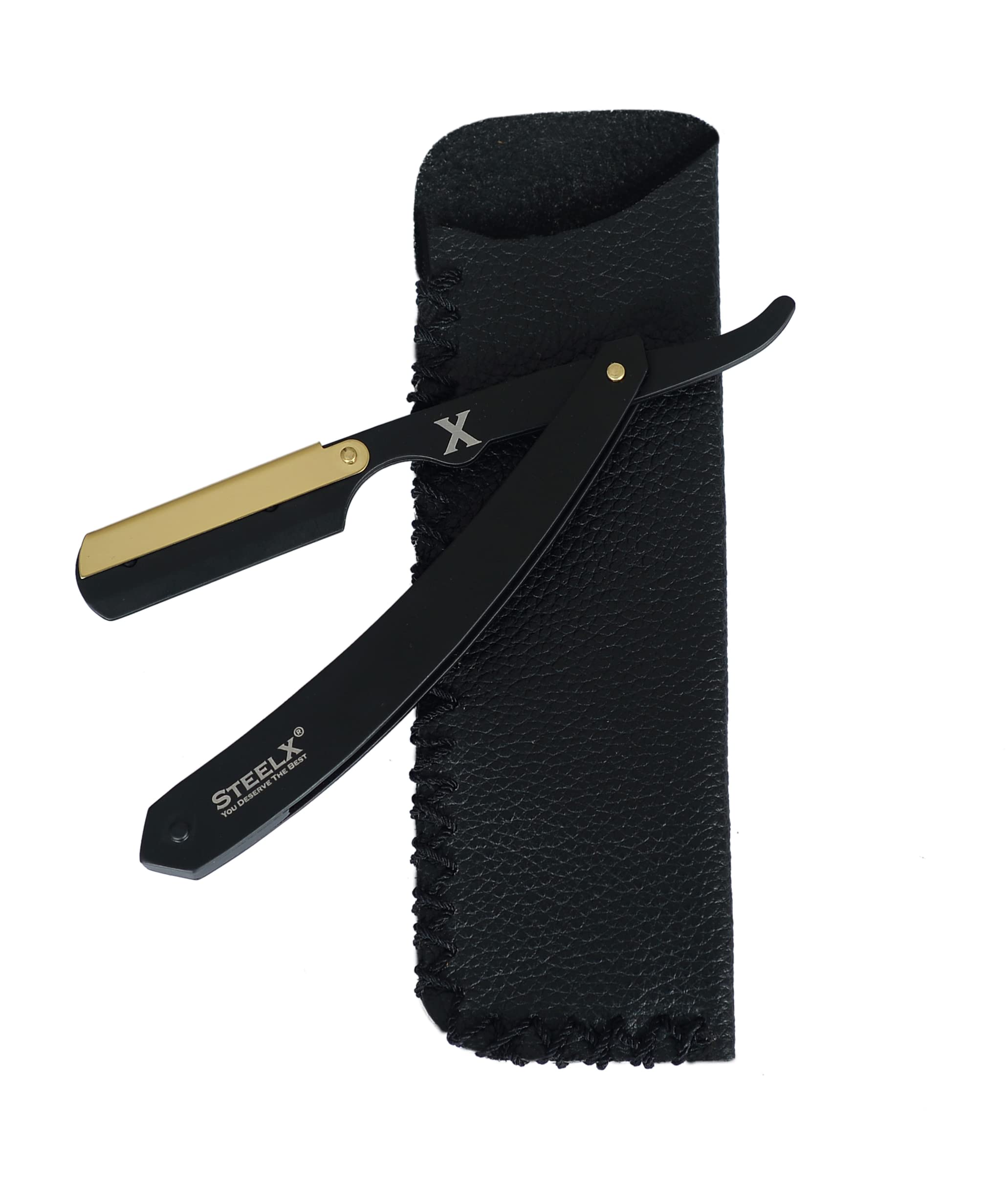 Cut Throat Razor by SteelX Matte Black with Gold Plated, Professional Barber Razor, Premium Quality Straight Edge Razor, Moustache & Beard Shaving Razor Single Blade Razor & Travel Pouch, 2 Piece Set