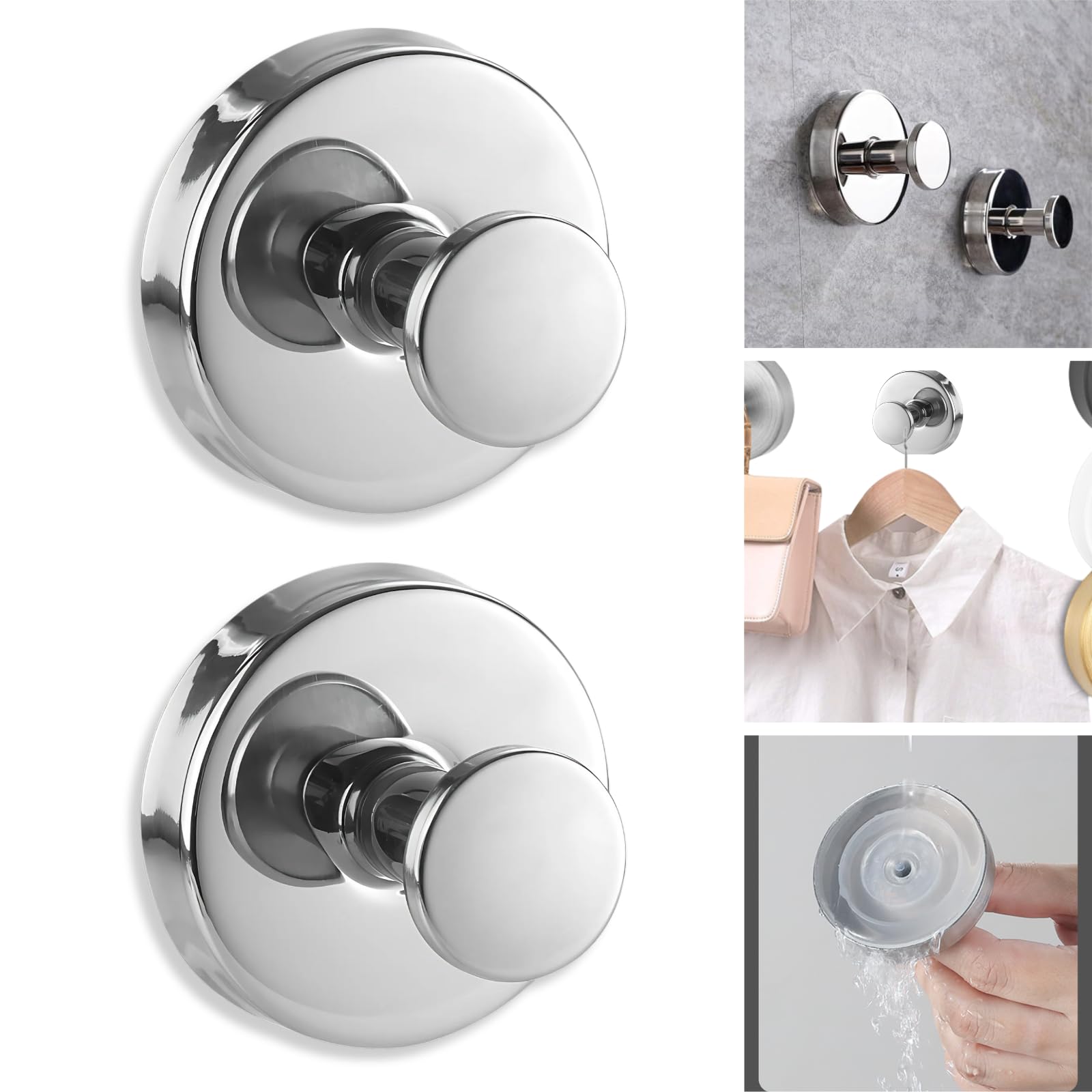 Boxonly No-Drill Suction Hooks, Stainless Steel Waterproof Hooks for Bathroom, Shower, Kitchen, and Mirrors – Heavy Duty Towel Holders (Multipack, Glossy Silver)