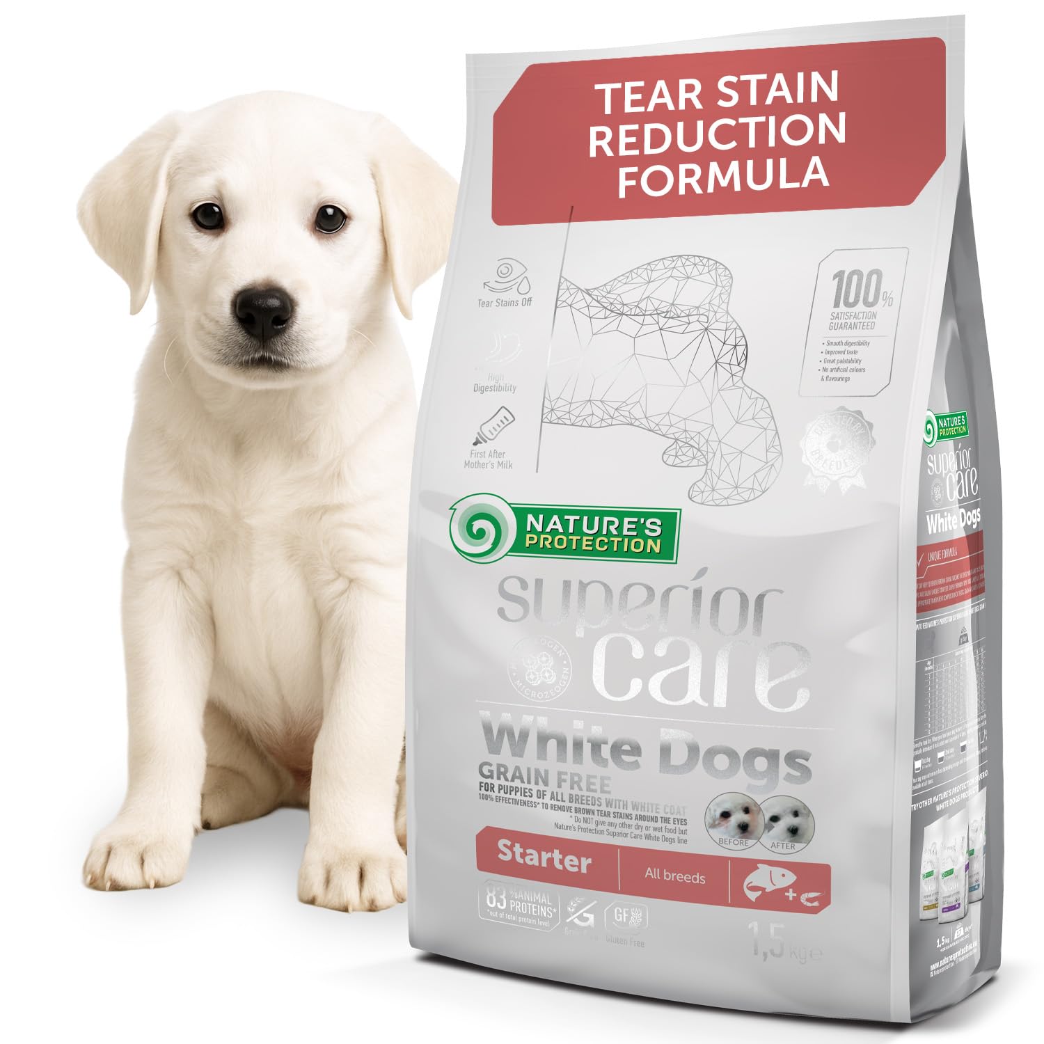 Nature’s Protection Superior Care Grain-Free Puppy Dry Dog Food – Hypoallergenic Dog Food with Salmon for White Coat Puppies - Omega 3 & 6 - Reduces Tear Stains, Healthy Skin & Coat (1.5kg)