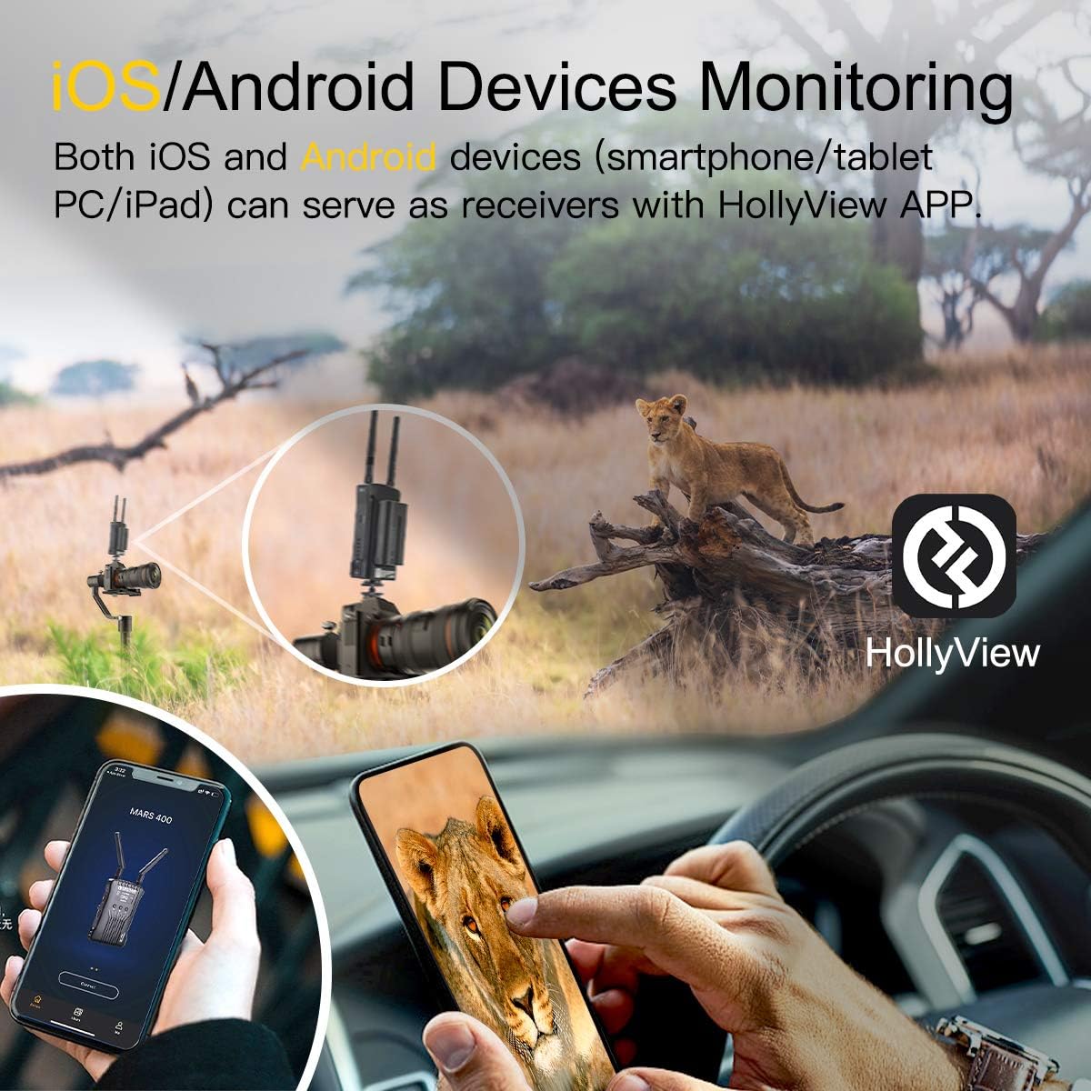Hollyland Mars 400 1080P Wireless Dual HDMI Video Transmission System, 400ft iOS & Android App Monitoring with 3 Scene Modes, OLED Display for Vlog, Live Streaming, Multi-Camera Production : Camera & Photo