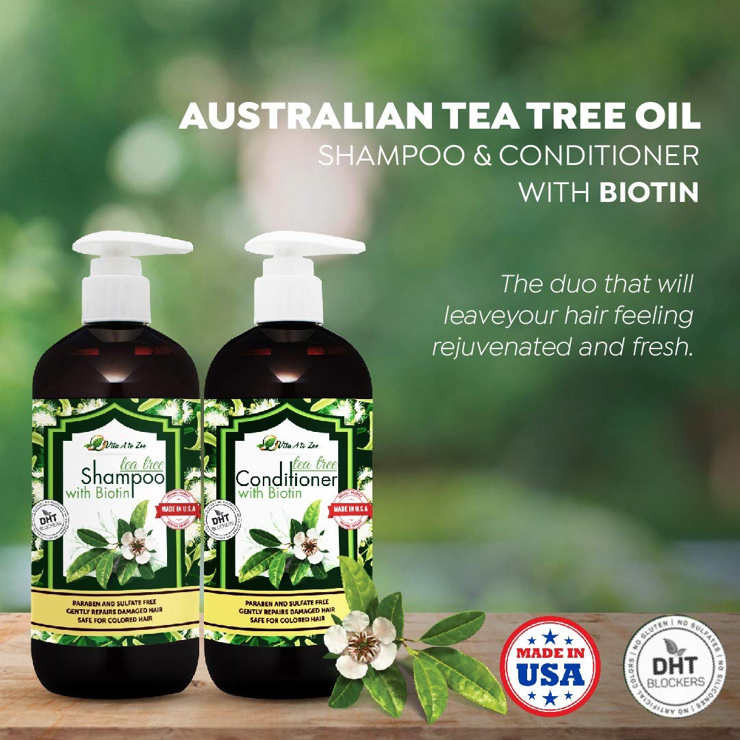 Tea Tree Oil & Biotin Shampoo & Conditioner Set for Men & Women | Professional Strength Formula | Refreshes & Stimulates Hair & Scalp | Moisturizing, Conditioning & Anti Hair Loss with DHT Blockers