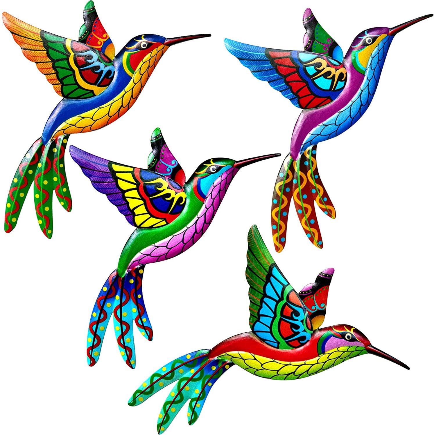 Metal Hummingbird Wall Art Garden Decoration - Colorful Birds Sculpture for Fence Indoor Outdoor Hanging Ornament for Home Yard Room (4Pcs)