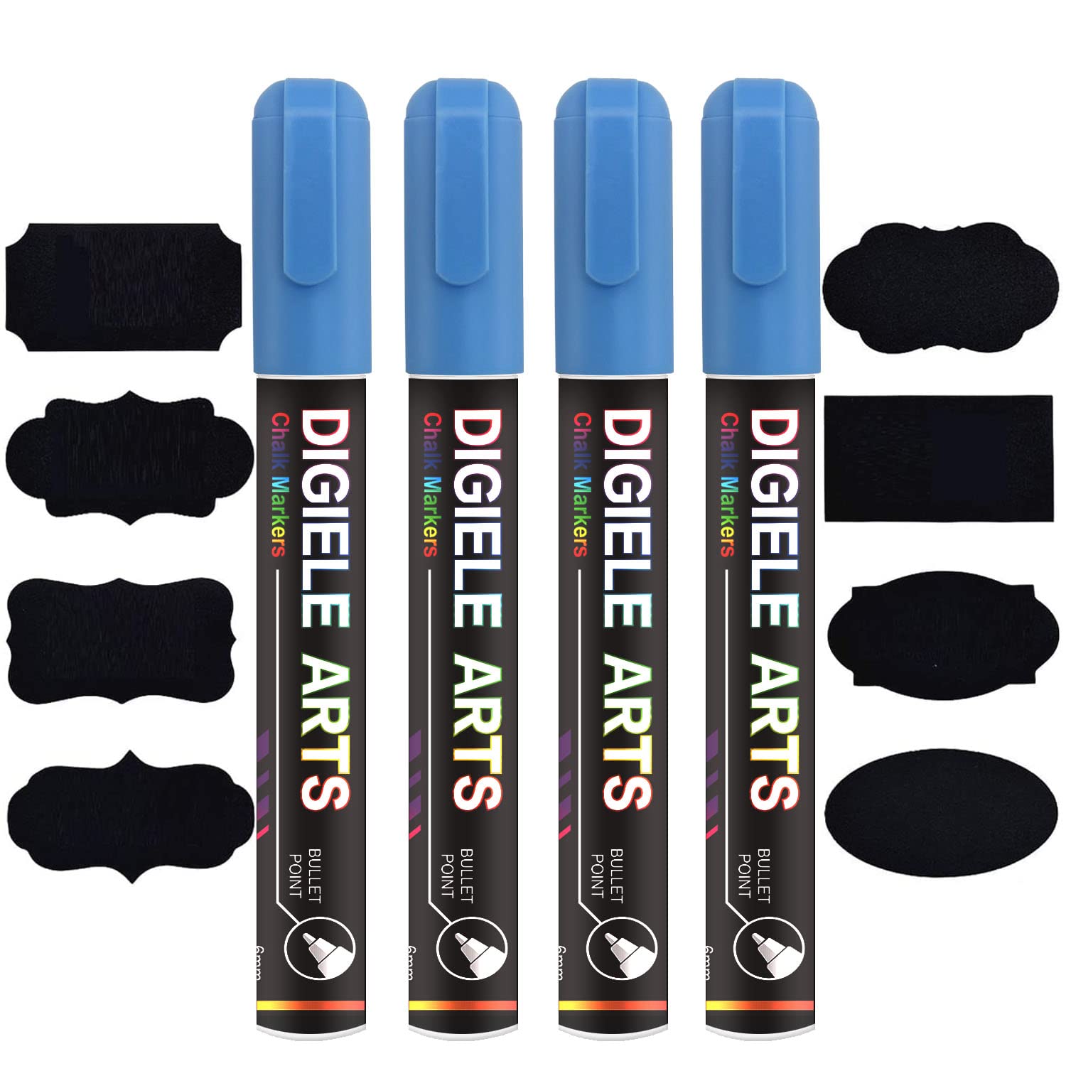 DIGIELE Blue Chalk Marker Pens, 6mm Blue Liquid Pen Markers, Dry or Wet Wipe Erase, Reversible Bullet or Chisel Tip for Blackboard, Whiteboard, Window & Glass, 4 Pens + 16pcs Chalkboard Labels Packed