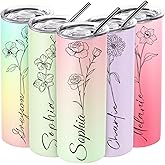 AZUFEMOS Birthday Gifts for Women - Personalized Tumbler with Name and Birth Flower, Custom Stainless Steel Skinny Tumbler - 16 Color, Personalized Gifts for Birthday Christmas