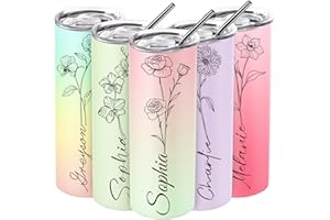 Personalized Tumbler with Name and Birth Flower, Custom Coffee Tumbler with Lid and Straw - 16 Color, Stainless Steel Travel 